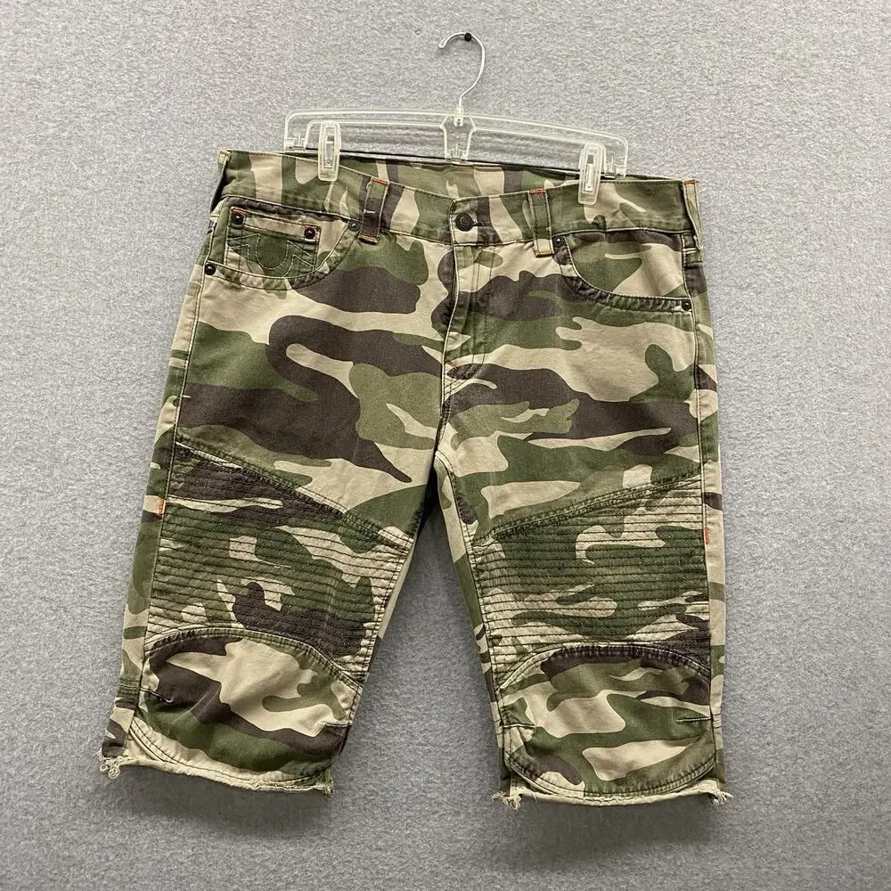 True Religion Moto Cutoff Shorts Mens 38 Camo Y2K Streetwear Distressed